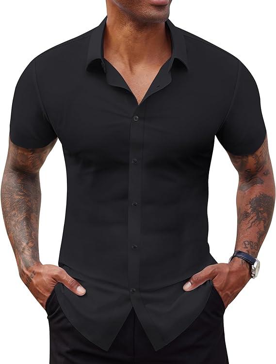 2-Pack Alimens&Gentle Men's Stretch Dress Shirts Short Sleeve Slim Fit Business Casual Button Down Shirts Muscle Fit Men's Dress Shirts Shortsleeve Menswear gifts for dad