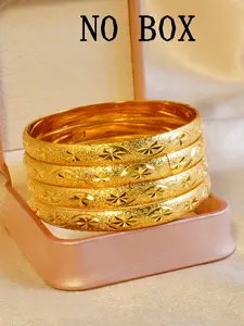 Women's 4-Piece Dubai Style Gold Plated Starry Sky Bracelet Set, Vintage Floral Carved 24k Gold Wide Copper Bracelets, Daily Wear, Stackable Bracelet