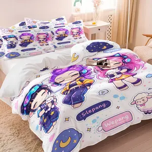 Cyberpunk K-Pop Anime Girl Duvet Cover Set, 1 Duvet Cover + 1/2 Pillowcases, No Core, Neon Chibi Print Bedding with Moon & Star Motifs, Cozy All-Season Decor for Aesthetic Bedrooms