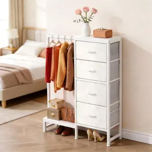 Garvee 4 Drawer Dresser with Hanging Rack & Open Shelf, 2-in-1 Fabric Drawer Small Closet for Bedroom Living Room Hallway, White