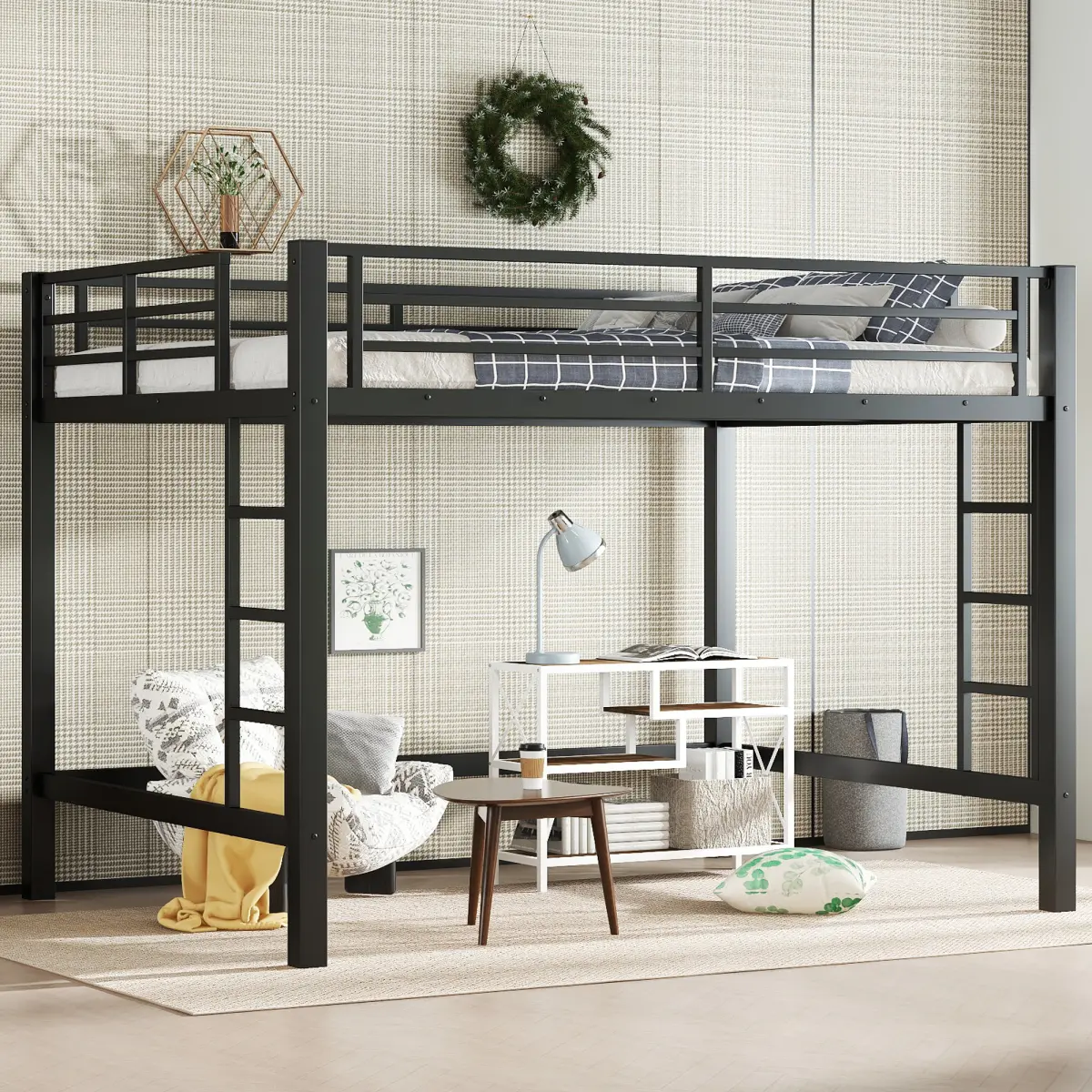 Queen Size Loft Bed with Guardrails & Ladder, Heavy Duty Queen Metal Loft Bed Frame for Teens Adults, Low Single Bunk Bed for Small Space, Bedroom, Spaces-Saving