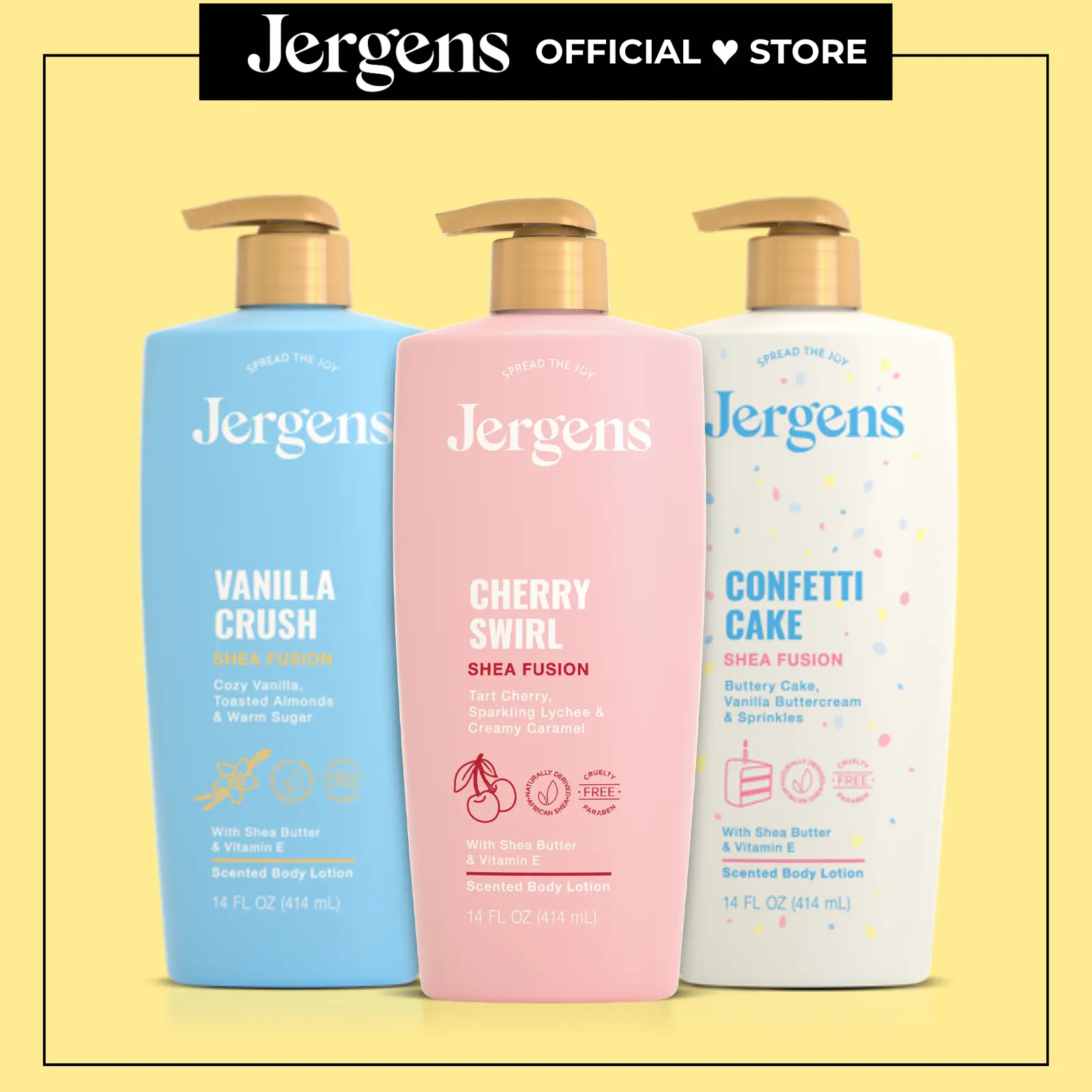 Jergens Shea Fusions Body Lotion 2 Pack Bundles - 14oz NEW Confetti Cake and Cherry Swirl, Vanilla Crush, Lavender Dreams, Sparkling Berry, Warm Amber