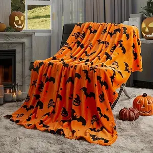 Halloween Party  Flannel Blanket, Ultra-Soft Plush Throw with Orange Bat & Pumpkin Print, Cozy Warm Fleece Blanket for Couch Bed, Perfect Halloween Decor & Gift for Spooky Lovers, All-Season Comfor
