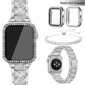 Rhinestone Decor Watch Band & Jewelry Bracelet Set, 4 Counts/Set Watch Band with 2 Bling Case Cover, Smart Watch Accessories for Apple Watch 9 8 7 6 5 4 3 2 1 SE