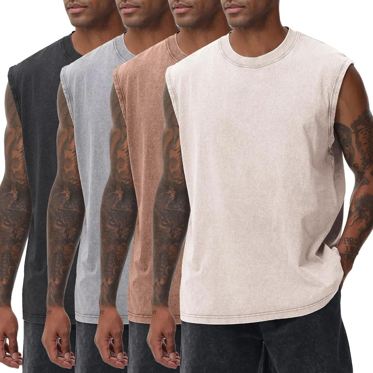 Trendy Mens Workout Tank Tops Sleeveless Tee Shirts Menswear Muscle Shirt Gym Acid Wash T Shirts Running Beach Loose Fit Top