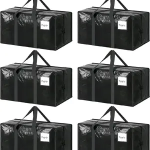 6 Pack Extra Heavy Duty Large Moving Bags with Strong Zipper & Comfortable Handles, Sturdy & Durable Clothes Storage Bags Totes Bins, Packing Moving Boxes for College Supplies, Black