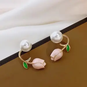 Pink Tulip Pearl Earrings for Women, 925 Silver Needle Two-Way Design, Sweet Minimalist Luxury Jewelry DZEH1302