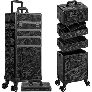 Profesional Rolling Makeup Train Case with Lid, 5 in 1 Cosmetology Case on Wheels, Large Cosmetic Trolley Organizer Travel for Hairstylist Artist Nail Beauty Salon Barber, Black Ink