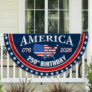 [Ver2] America 250th Birthday Semicircular Flag Banner, 1776–2026 Patriotic Bunting, USA Independence Day Porch Decor Flag, Fourth Of July Patriotic Half Fan Flag Decoration For Porch Fence Yard