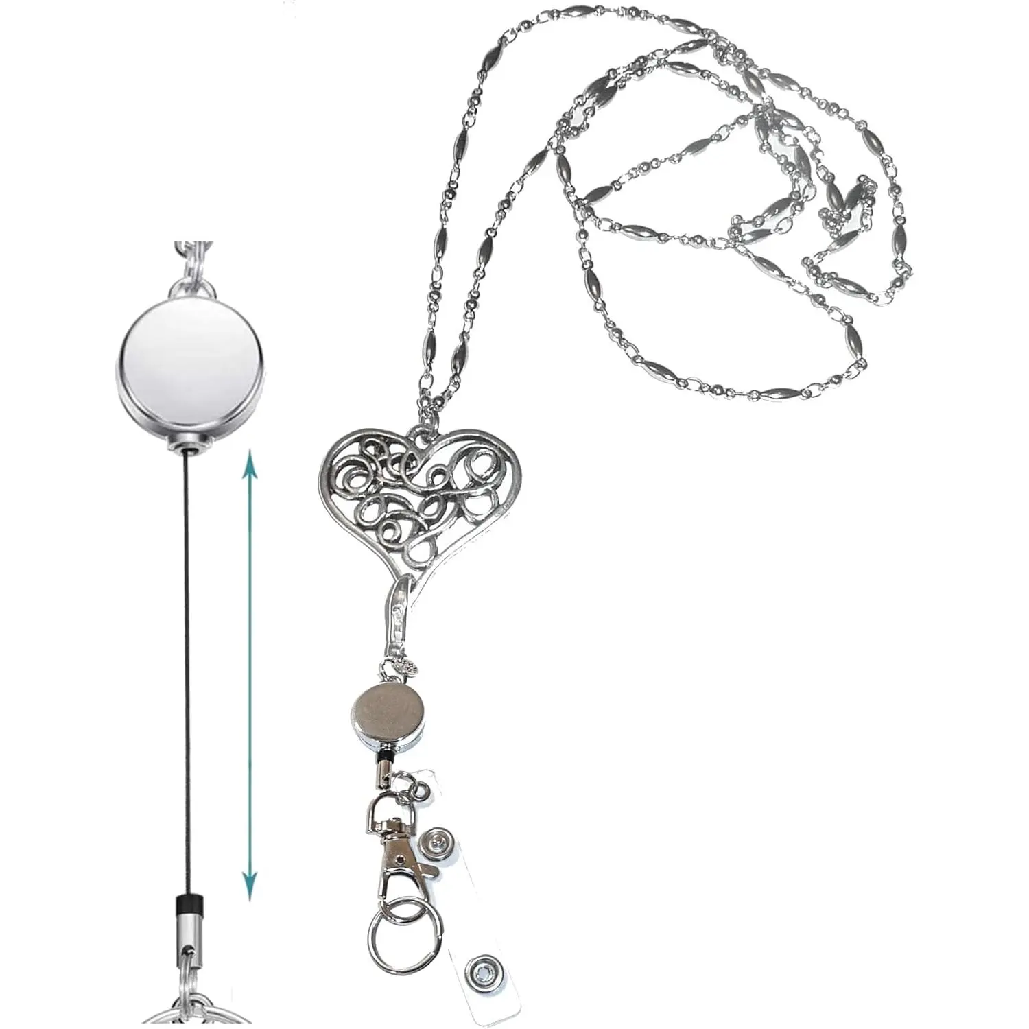 Breakaway or Retractable Reel Women's Lanyard  Stainless Steel Chain Heart ID Badge Card Holder Teacher Nurse