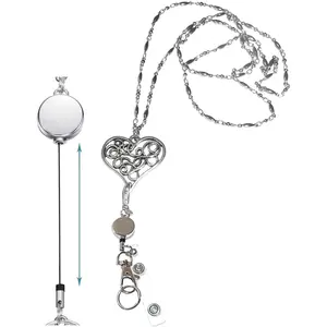 Breakaway or Retractable Reel Women's Lanyard  Stainless Steel Chain Heart ID Badge Card Holder Teacher Nurse