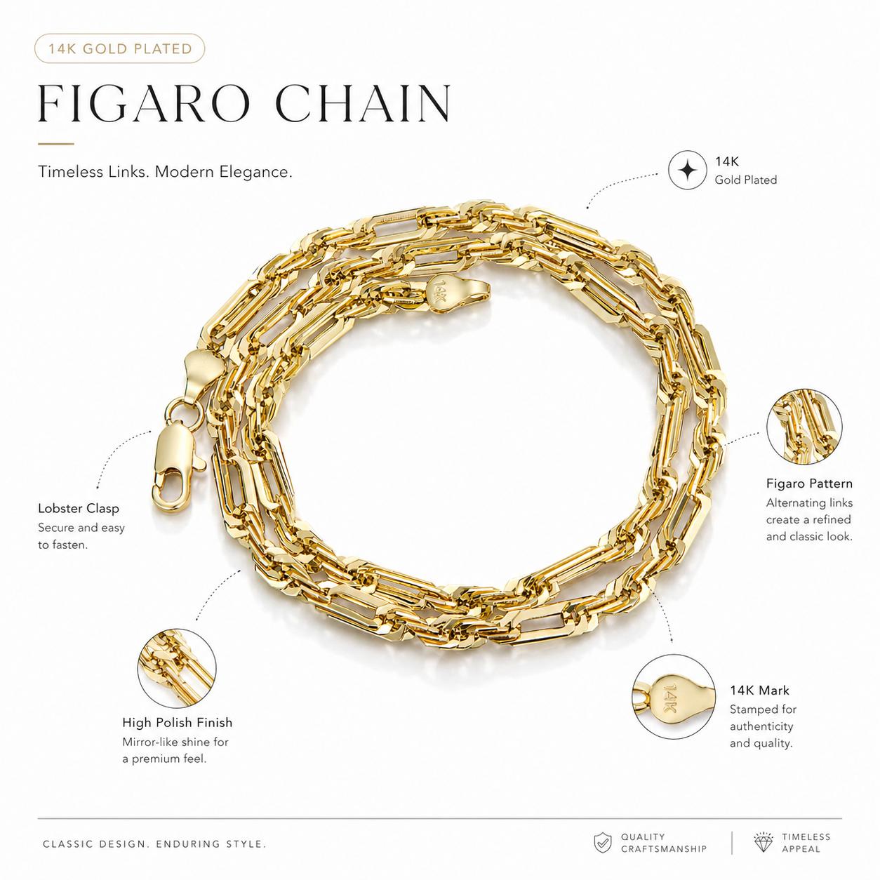 14K Gold Plated Figaro Twist Chain Necklace - Waterproof Tarnish-Resistant & Hypoallergenic Link Jewelry for Men Women, Classic Square Link Design, Perfect for Daily Wear, Layering & Gifting, No Green Skin stainless steel