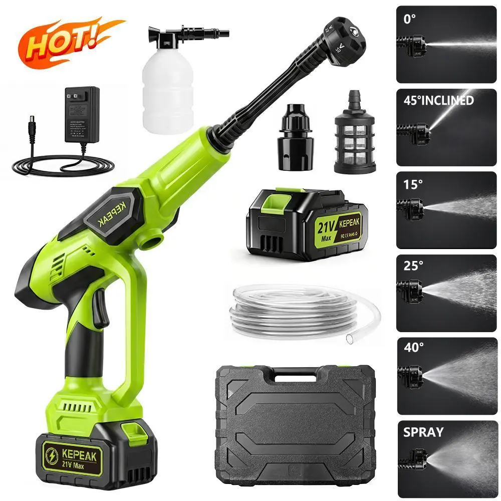 KEPEAK Cordless Power Washer with 1500 PSI, 21V 200W 13000mAh Rechargeable Battery, Adjustable Water Pressure, 6-in-1 Nozzle, Wand, Foam Cannon, 5M Hose & Plastic Accessories, 5L Capacity, Ideal for Father's Day Gifts