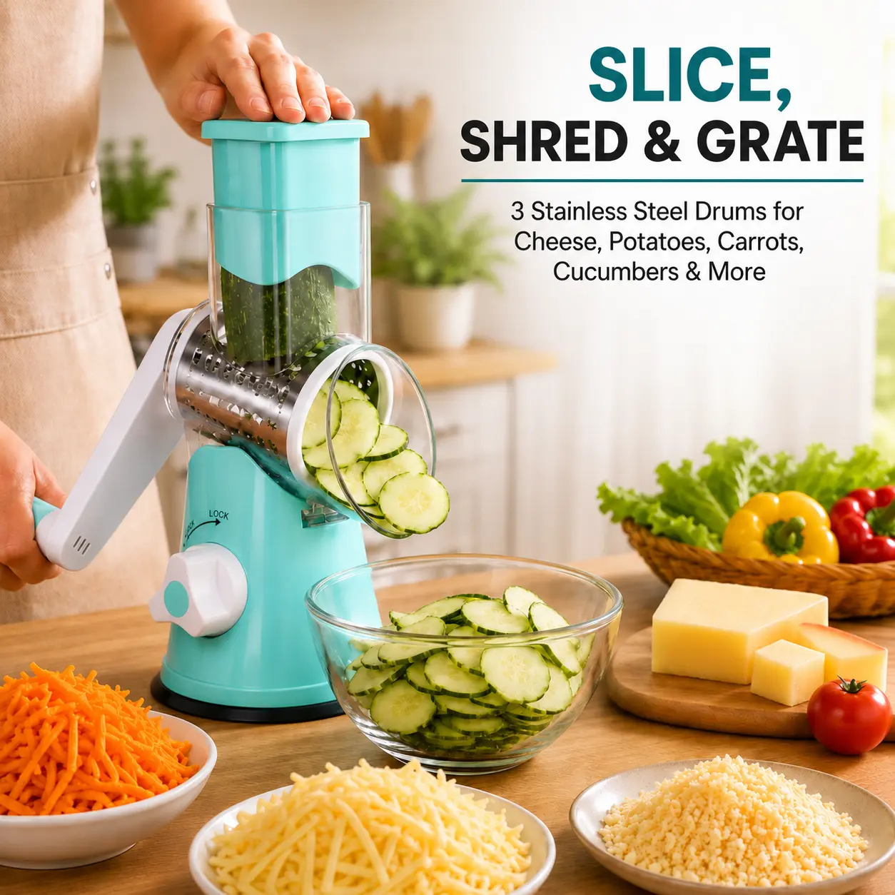 MIUVA Rotary Cheese Grater with 3 Stainless Steel Drums Hand Crank Vegetable Slicer and Shredder for Cheese Potatoes Carrots Cucumbers Salad Prep Kitchen Gadget Restock