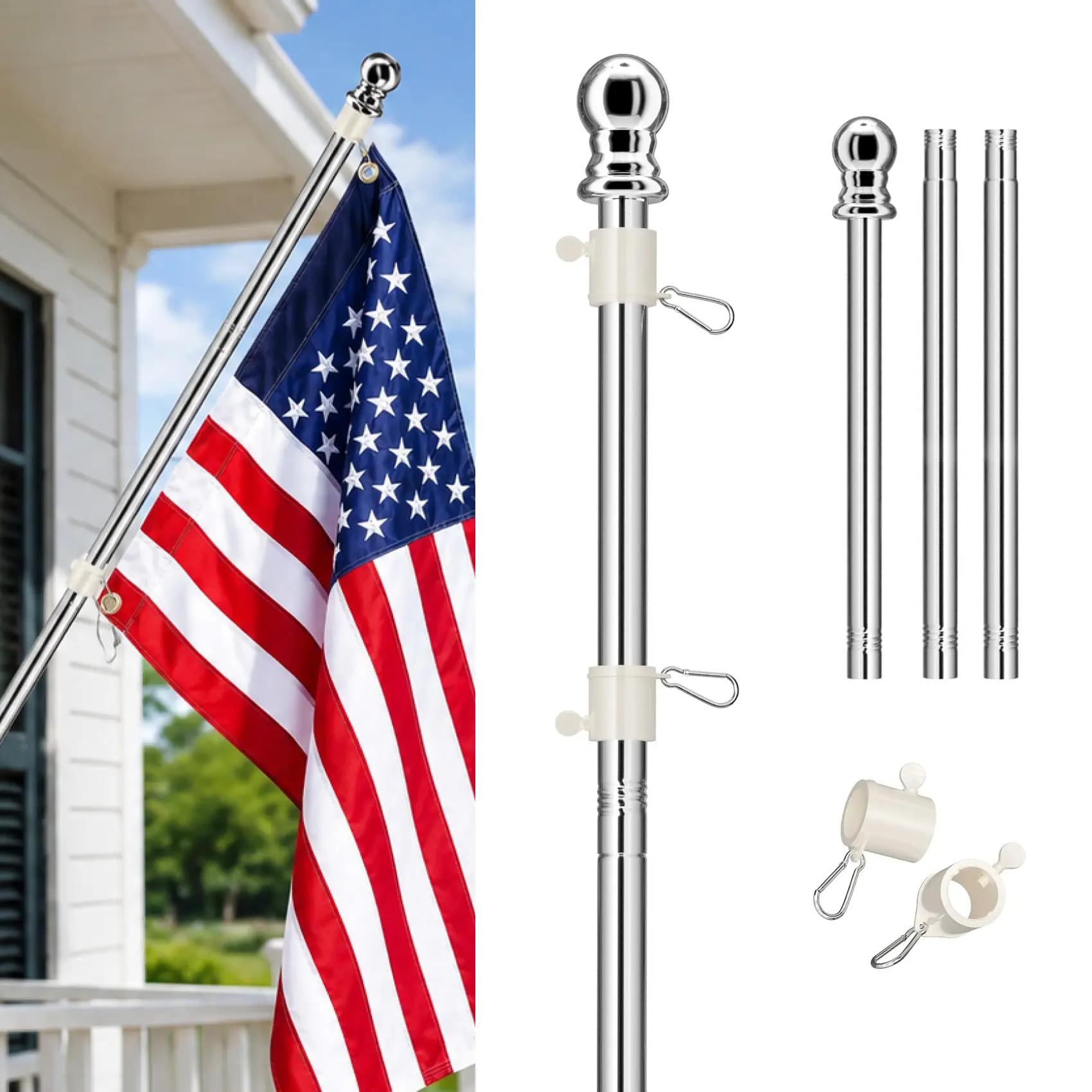 5ft Heavy-Duty Metal Flag Pole Kit with Flagpole Hardware, Silver Sectional Outdoor Flagpole for Home Events, Rotating Anti-Tangle Rings to Reduce Twisting, Fits 2x3, 3x5, 4x6 FT Outdoor Flags