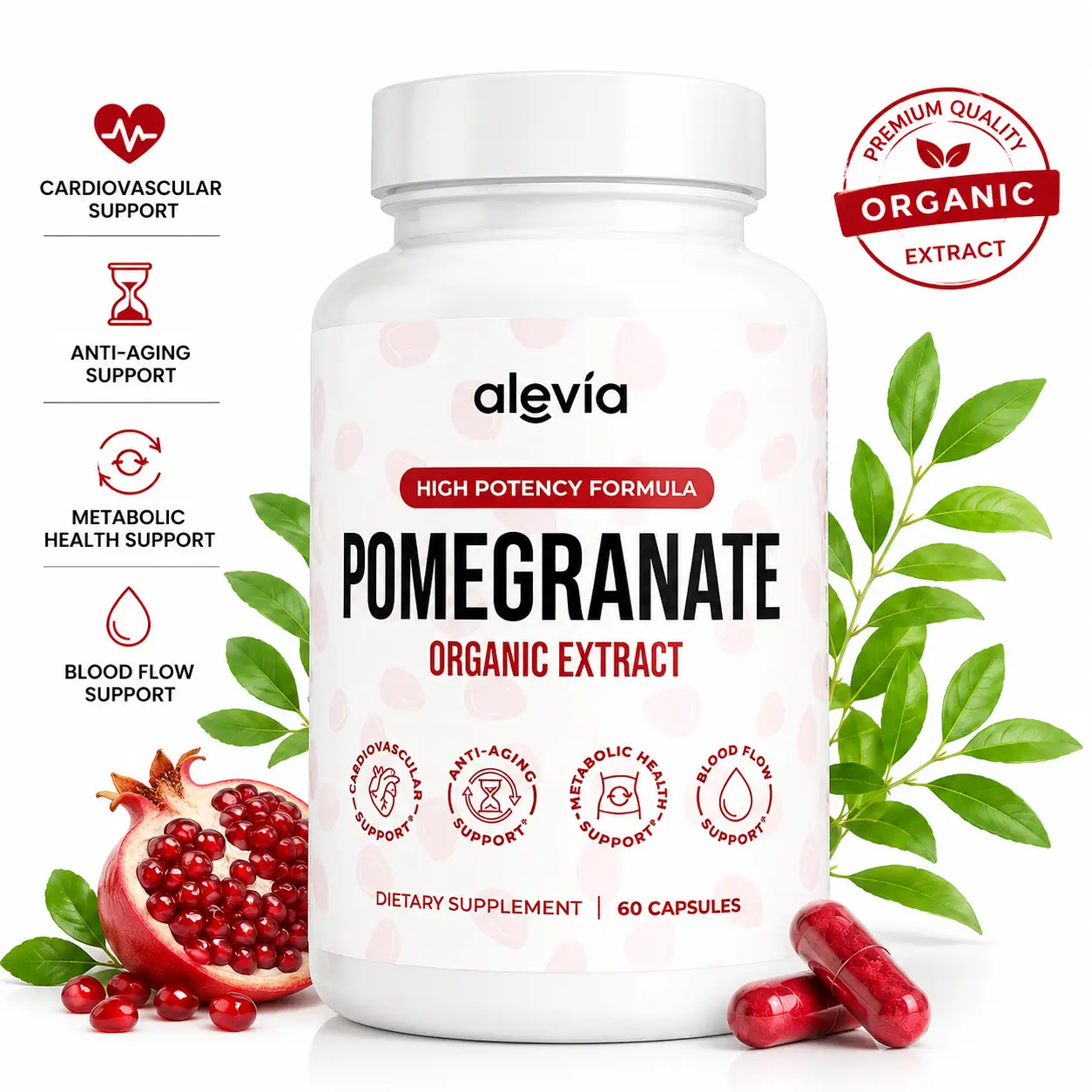 Alevia Pomegranate Capsules 60ct, Organic Pomegranate Extract, Antioxidant Nutritional Support, Daily Fruit Supplement