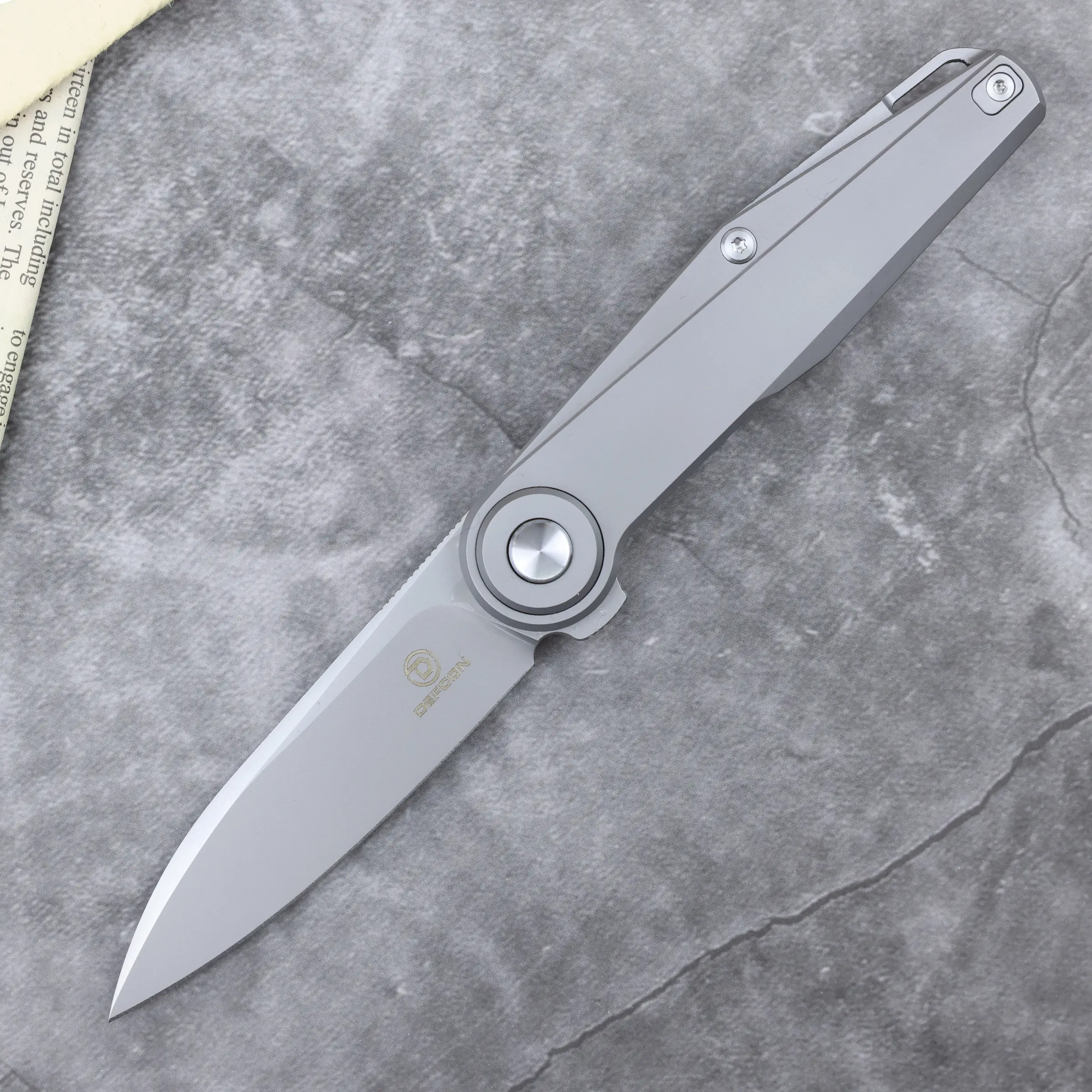 DEFCON Knives Fulcrum Titanium Pocket Knife, 3.2" Bohler M390 Steel Drop Point Blade, Leverage Lock Outdoor Multifunctional Tool for Bushcrafting, Camping, Outdoor Multifunctional Tools, Survival Gear, Whittling, Compact, Peeling, Titanium Alloy Blades, 3