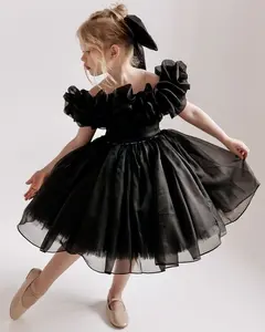 3095 Girls' Little Black Dress with Pearl Belt & Hair Accessories Elegant High-end for Birthday Party Wedding