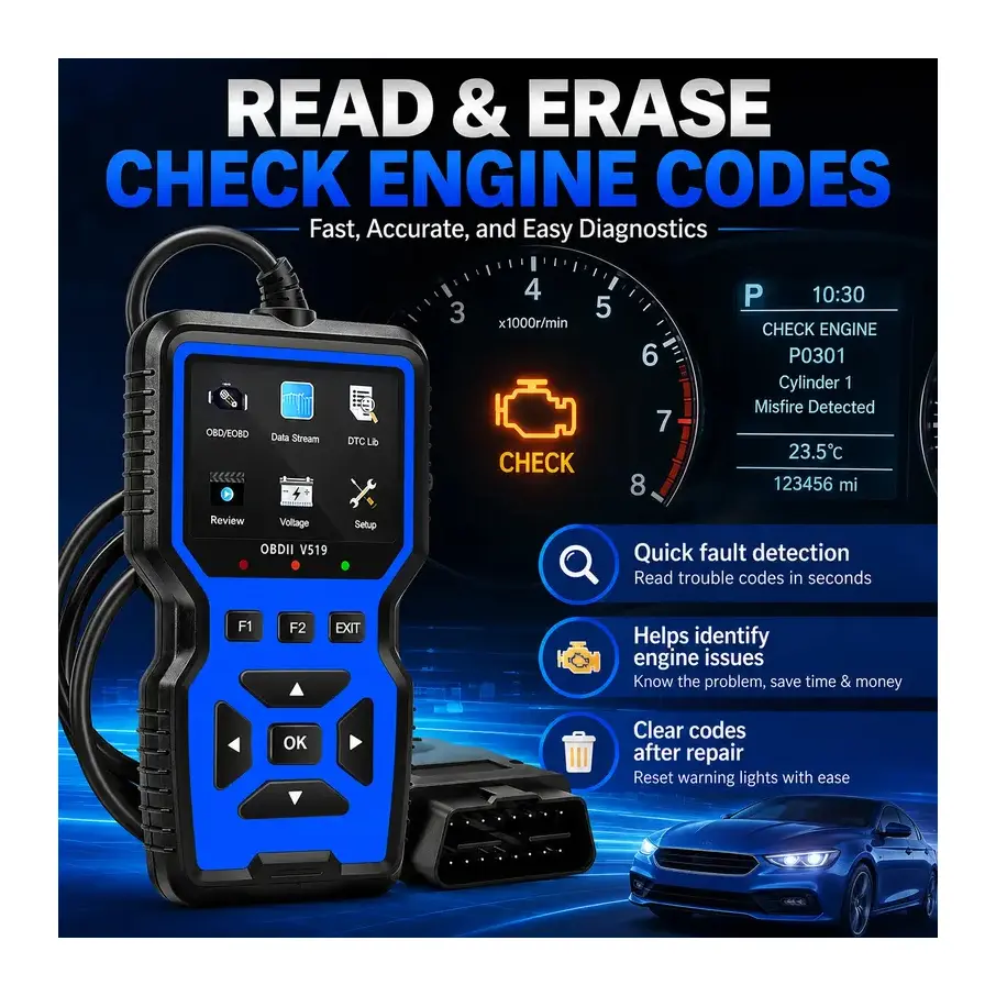 SHIELDIX v519 Professional OBD2 Vehicle Diagnostic Tool - 2026 Upgraded OBDII & CAN Code Reader, Plug-and-Play Universal Fit, Check Engine Light Scanner, Live Data, Battery Test, O2 Sensor Test, 35901+ DTC Library, Mode 6 & Mode 8 Diagnostics