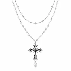 Layered Silver Cross Necklace for Women Gothic Pendant Jewelry