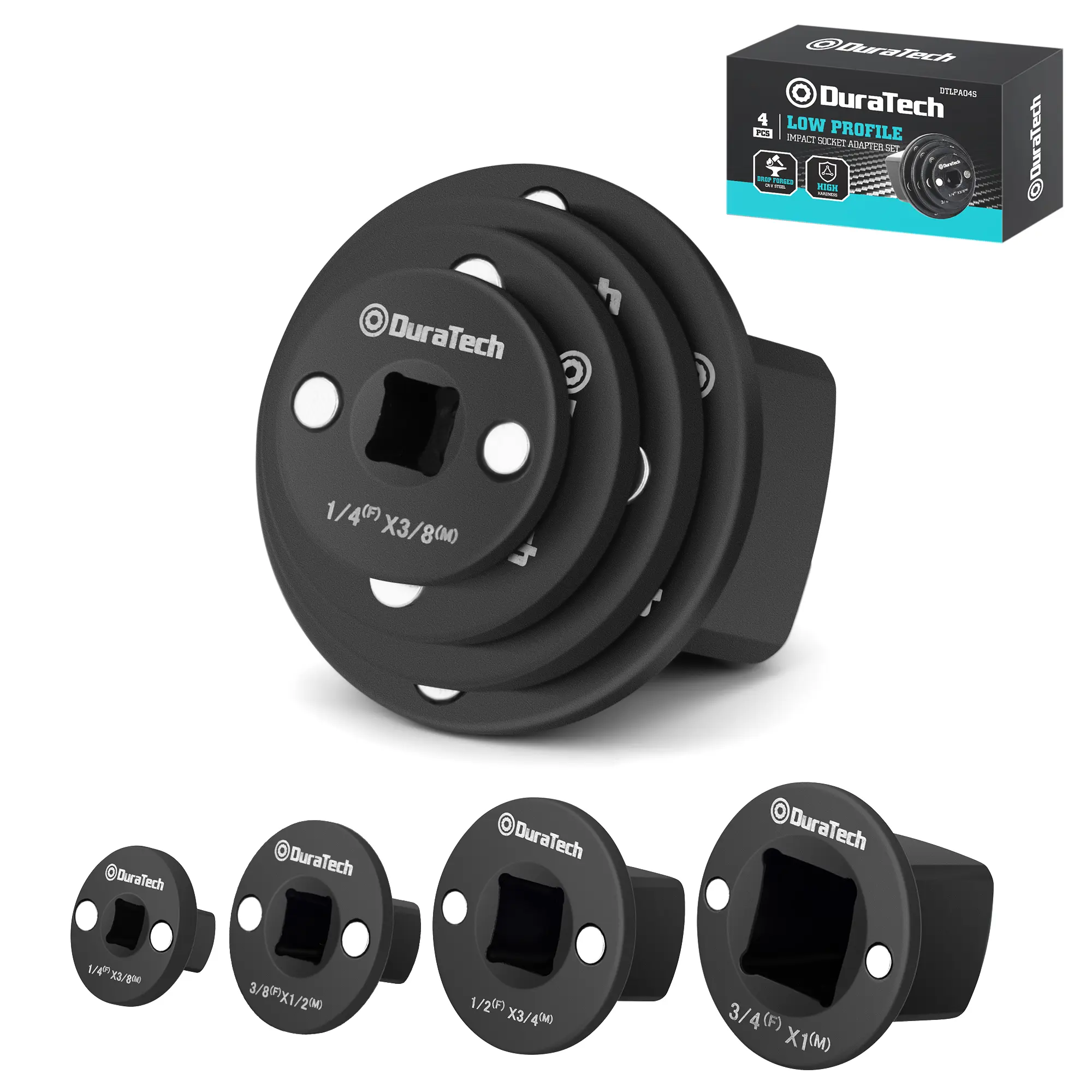 #fathersdaygift DURATECH Low Profile Impact Socket Adapter Set, 4‑Piece Drive Ratchet Adapter, Includes 1/4" to 3/8 ", 3/8" to 1/2 ", 1/2" to 3/4 ", 3/4" to 1 ", Magnetic Design for Wrench, Socket and Drill