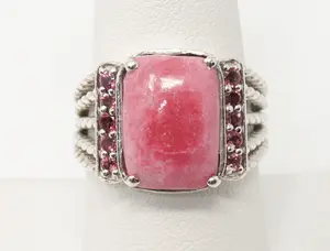 Vintage Thulite Pink CZ Cable Sterling Silver Statement Ring - Size 8