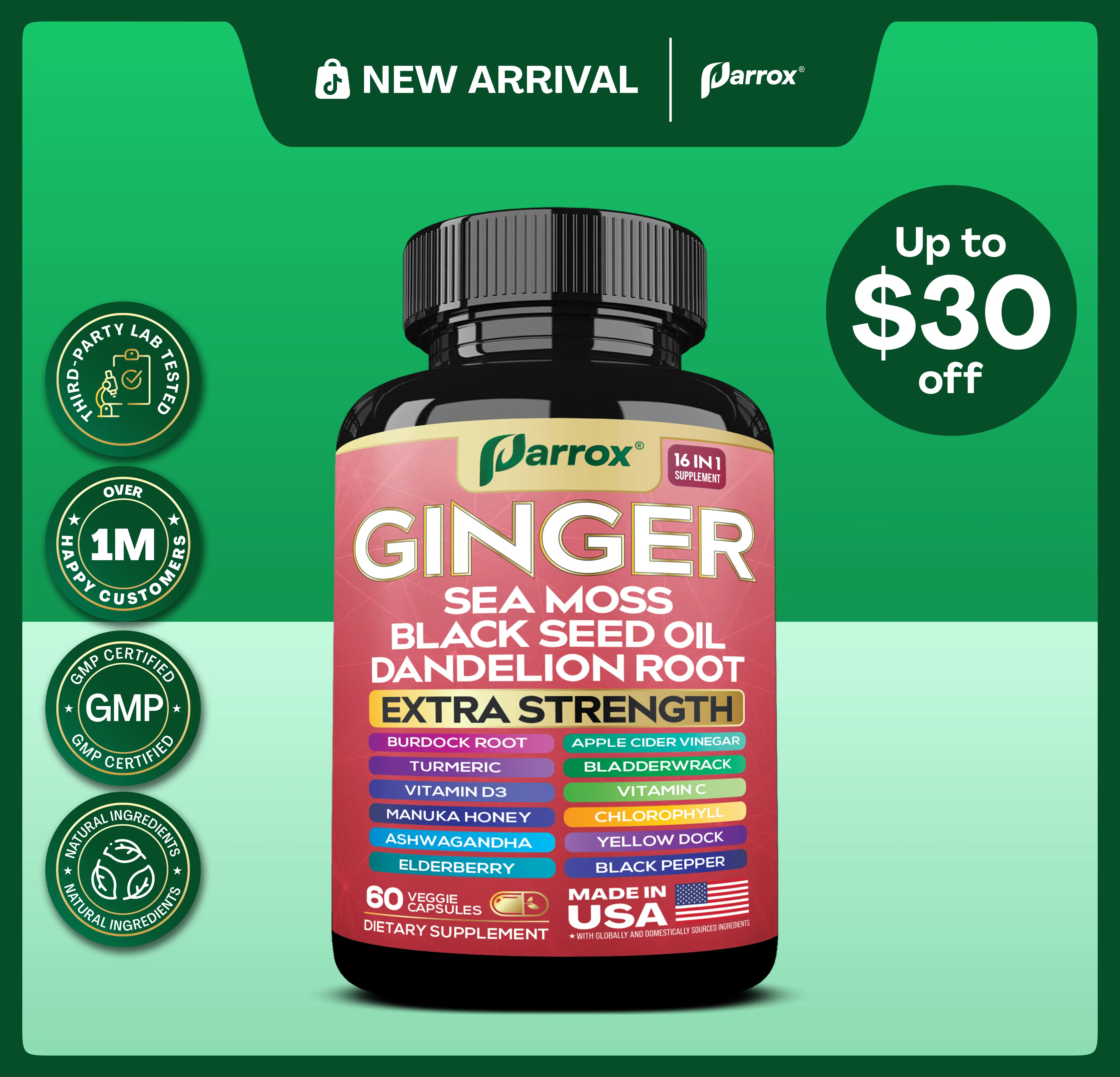 PARROX Ginger Multivitamin Supplement - Overall Wellness and Dietary Support - 16+ Extra Strength Ingredients - 60 Veggie Capsules - Made in USA