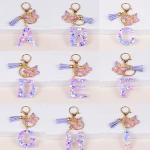 Women's Purple 26-Letter Sequin Resin Keychain, Butterfly Tassel Pendant, Bag Backpack Charm, Car Hanging Accessory, Earbud Case Cover, Daily Use Gift