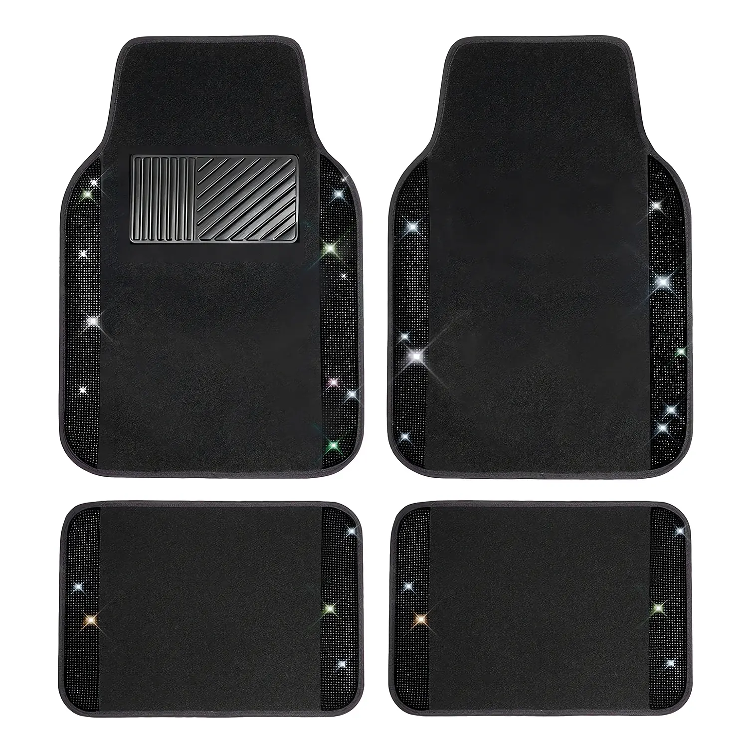 Bling Diamonds Car Floor Mats Full Set - 4 Pcs Luxury Sparkling Carpet, Non-Slip PVC Heel Pad, Waterproof Universal Liners for Most Vehicles, SUVs, Trucks (Black)