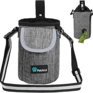 Dog Treat Pouch, Large Dog Training Treat Bag with Adjustable Waist Belt, Built-in Poop Bag Dispenser & Multiple Storage Pockets, Hands-Free Dog Walking & Training Accessory (Gray)