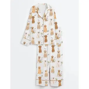 Women��s Golden Retriever Cottagecore Short Sleeve Satin Pajama Set