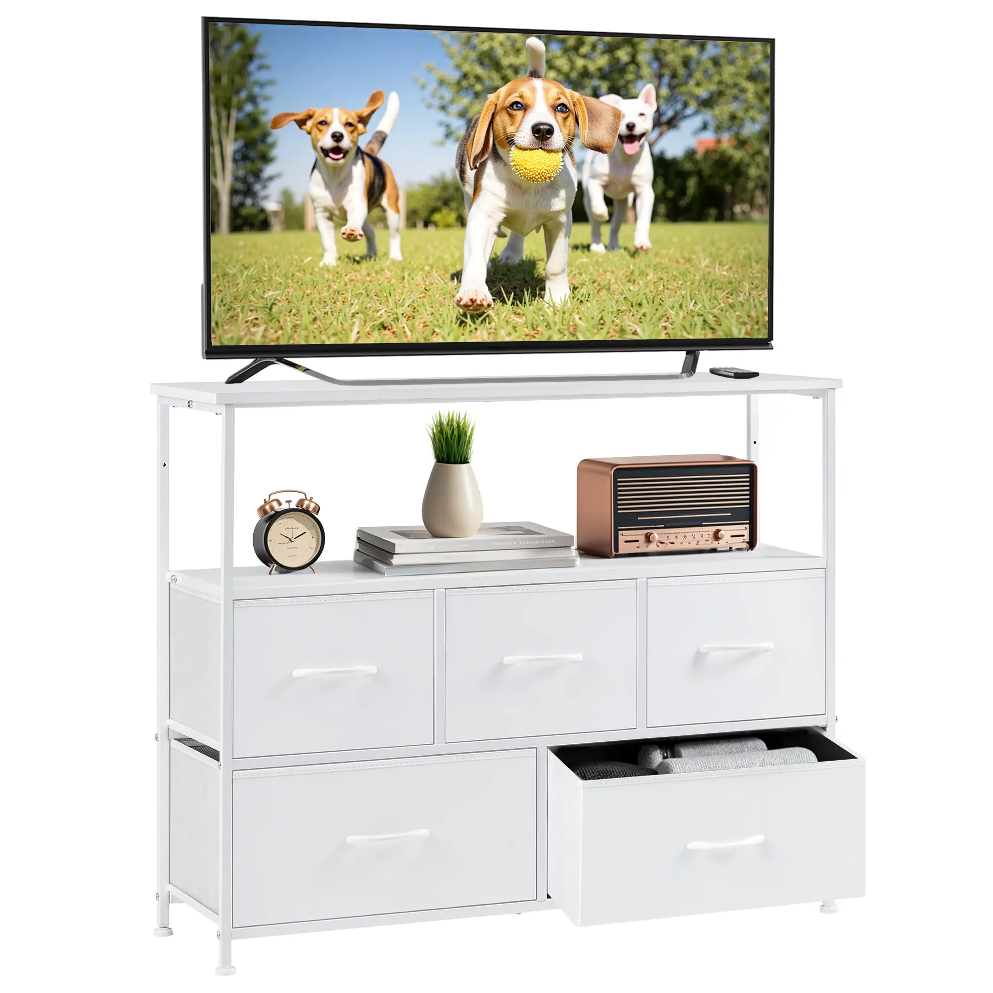 Modern Minimalist Look TV Stand - Assembly-Required Media Console with 5 Removable Fabric Drawers, Open Shelf, Metal Frame, 20-25 Kg Capacity, 45" Max Size, Wall Attachment Prevents Tipping, Sturdy Indoor Furniture for Room Decor, Apartment Decor Ideas Modern Minimalist Look TV Stand - Assembly-Required Media Console with 5 Removable Fabric Drawers, Open Shelf, Metal Frame, 20-25 Kg Capacity, 45" Max Size, Wall Attachment Prevents Tipping, Sturdy Indoor Furniture for Room Decor, Apartment Decor Ideas