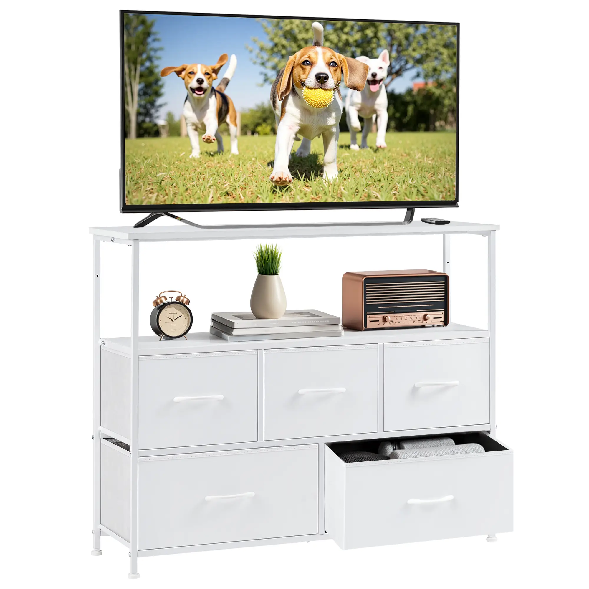 Entertainment Center with 5 Fabric, Media Console Table Open Storage Shelf Dresser for Bedroom/Living Room/Hallway, TV Stand with 5 Drawers