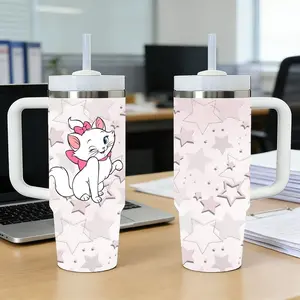 Vacuum Flasks 40oz Stainless Steel Double Wall Insulated Tumbler with Handle & Straw, Vacuum Insulated Travel Mug Keeps Drinks Cold Up to 12 Hours, Leak-Resistant Cup for Iced Coffee, Water, Office, Gym or Travel Marie Cute Cat
