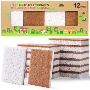 Kitchen Sponge, Sponges for Dishes,Compostable Cellulose Sponge with   Based Coconut Walnut Sustainable  Pack of 12