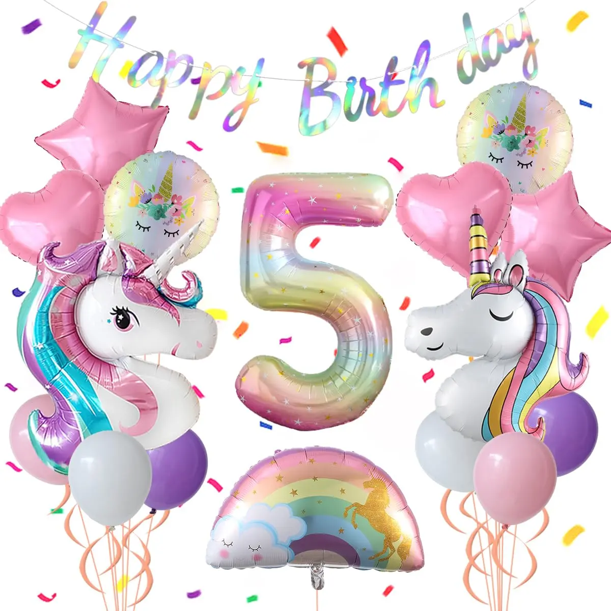 Unicorn 5th Birthday Party Decorations, Purple Pink Balloon Set, Rainbow Helium Balloons & More