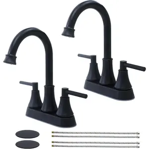 Bathroom Faucets for Sink 3 Hole,  4 inch Matte Black Bathroom Sink Faucet with Pop-up Drain and 2  Hoses, Stainless Steel  Centerset Faucet for Vanity RV, 2 Pack
