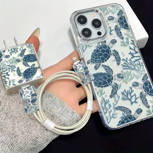 Metal Frame Transparent iPhone Protective Case Cover Set, Turtle Pattern Design, Includes Charger Head & Cable Protector, Accessories, Fits iPhone 11-16 Series