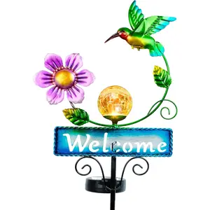 Outdoor Solar Garden Lights with Welcome Sign, Hummingbird Ornament Metal Stake Lights for Lawn, Patio, Cracked Glass Balls (Hummingbird)