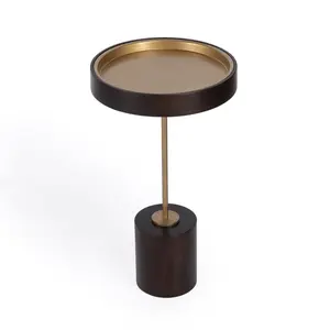 360 Stand Solid Wood Round End Table - 21.5x12x12", Abstract Base, Round Shape, Wood Scoring, Black & Rose Gold, Distressed Look, Rustic Vibe, Indoor Furniture Table, Contemporary End Table, Modern Bedside Table