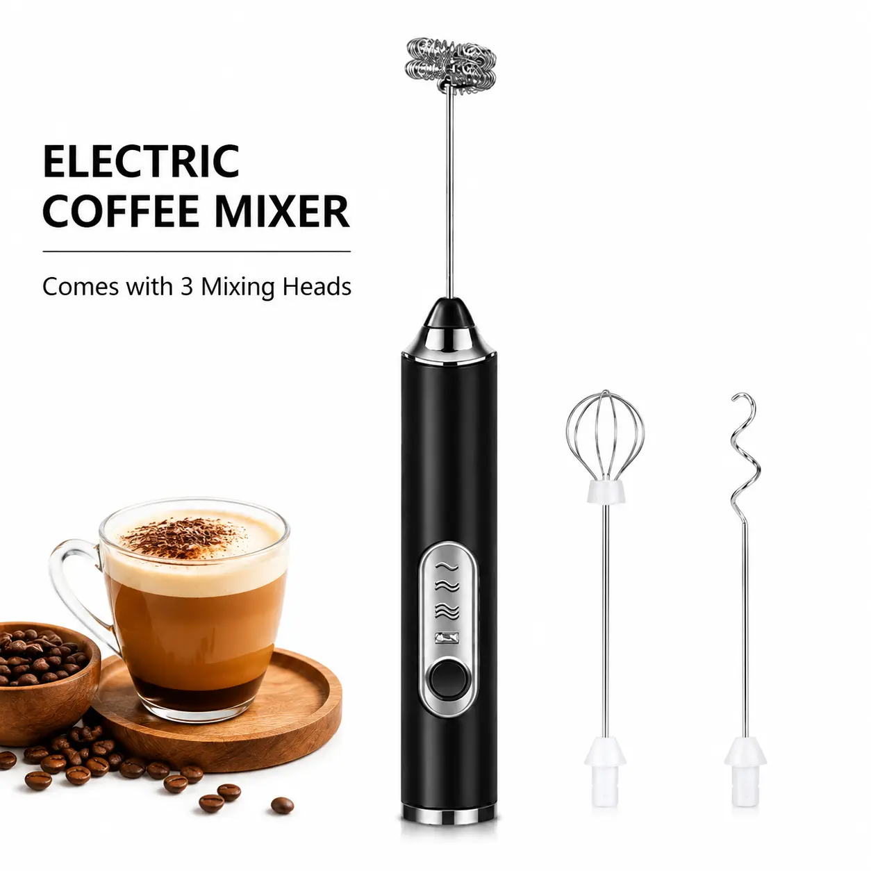 [NEW]Electric Mixer Handheld Milk Frother with 3 Mixing Heads Portable Electric Whisk for Coffee Drinks Egg Mixing Baking Kitchen Use Smooth Blending Tool for Home Cooking