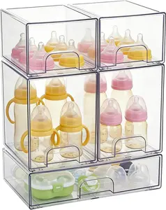 Baby Bottle Organizer,Stackable Storage Drawers 5 packs,Clear Acrylic Organizer Bins with Non-Slip Pads,Pull-Out Drawers for Makeup,Kitchen Countertop,Bathroom,Vanity,Cabinet,Pantry Organization