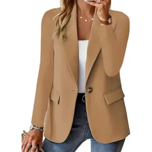 Women’s single-breasted straight anti-wrinkle long-sleeve blazer, formal business commuter OL office wear for spring/autumn, open front turn-down collar, solid polyester casual suit, basic beige womenswear