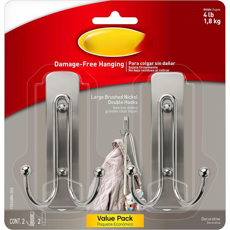 Large Brushed Nickel Double Hooks, 2 Hooks and 2 Command Strips, Damage Free Hanging Wall Hooks with Adhesive Strips, No Tools Coat Hooks for Hanging Home Decor, Holds up to 4 lb