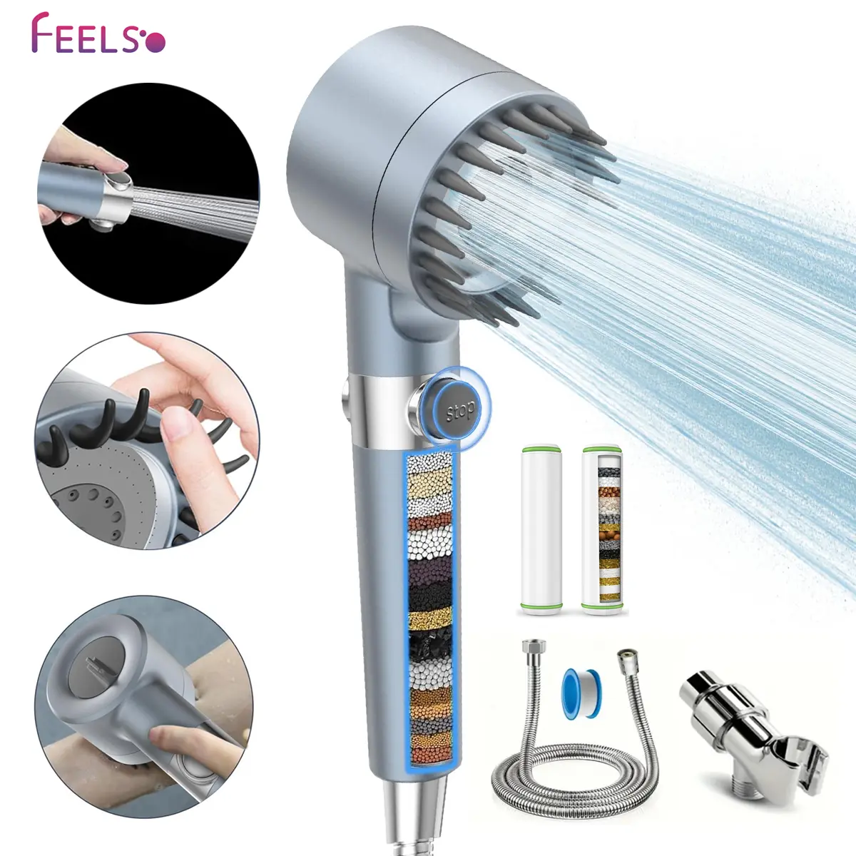 FEELSO Plastic Wall-Mount Multi-Filtered Boosted Pressure Shower Head Ensemble, 3-Spray Handheld Unit with 18-Stage Water Softener for Hard Water Chlorine Removal & Showerhead Filter Replacement Compatibility, Chrome