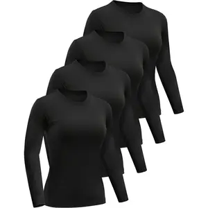 4 Pack Women’s Long Sleeve Basic Shirts Crew Neck Slim Fitted Compression Gym Workout Athletic Underscrubs Tops