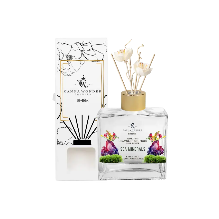 Canna Wonder Candles Sea Minerals Diffuser 6.7oz Clear Glass Gold Collar 7 Natural Rattan Reeds Up to 60 Days Fragrance Duration Phthalate-Free Paraben-Free Cruelty-Free Vegan
