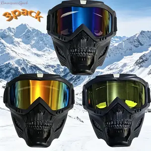 3-Pack Retro Cycling Goggles with Anti Fog Lenses, Adjustable Skull Style Motocross Eyewear, Windproof Dustproof Protective Gears for Motorcycle Riding, Outdoor Sports and Daily Travel Use