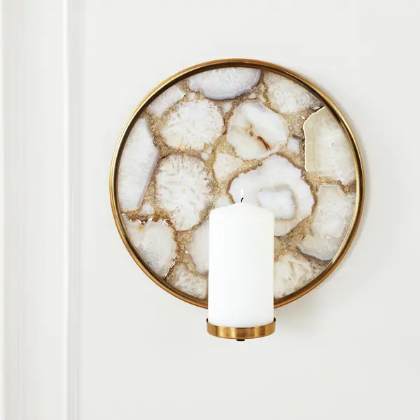 Z Gallerie Diego Gold Frame Agate Stone Pillar Candle Holder - Imported Metal Wall Sconce, Elegant Wall Light, Art-Function Design, Home Supplies, Decor Accessories (Candle Not Included; Suitable for Kitchen, Office)