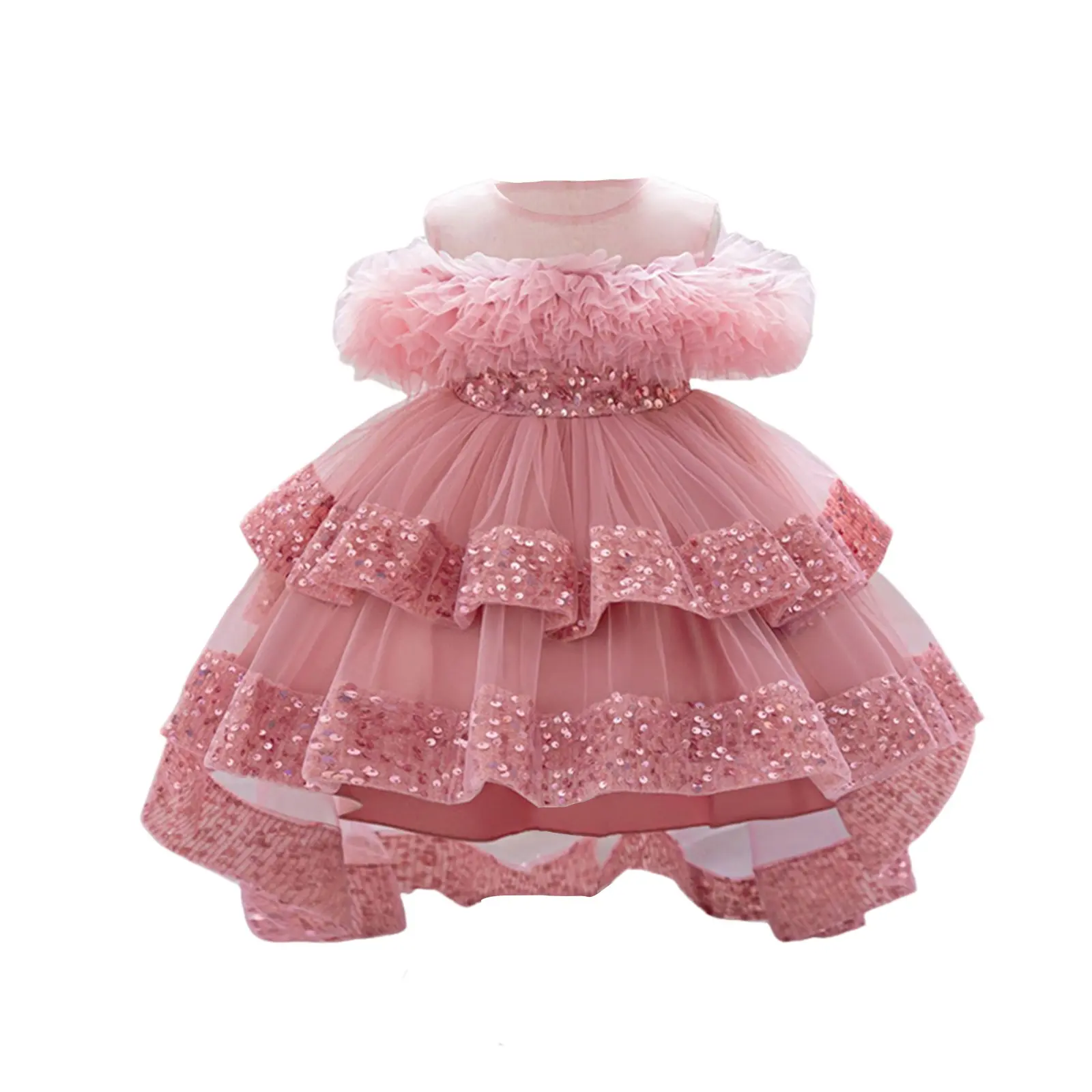 Kids Girls Tulle Ball Gown Shiny Sequins Round Neck High Low Party Dresses for Birthday Wedding Dress
